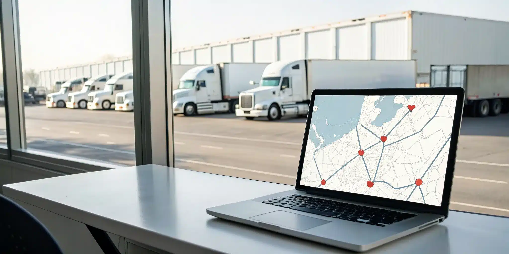 7-best-dispatch-services-for-owner-operators-383089 An owner operator researches the best dispatch service on a laptop with trucks visible outside.