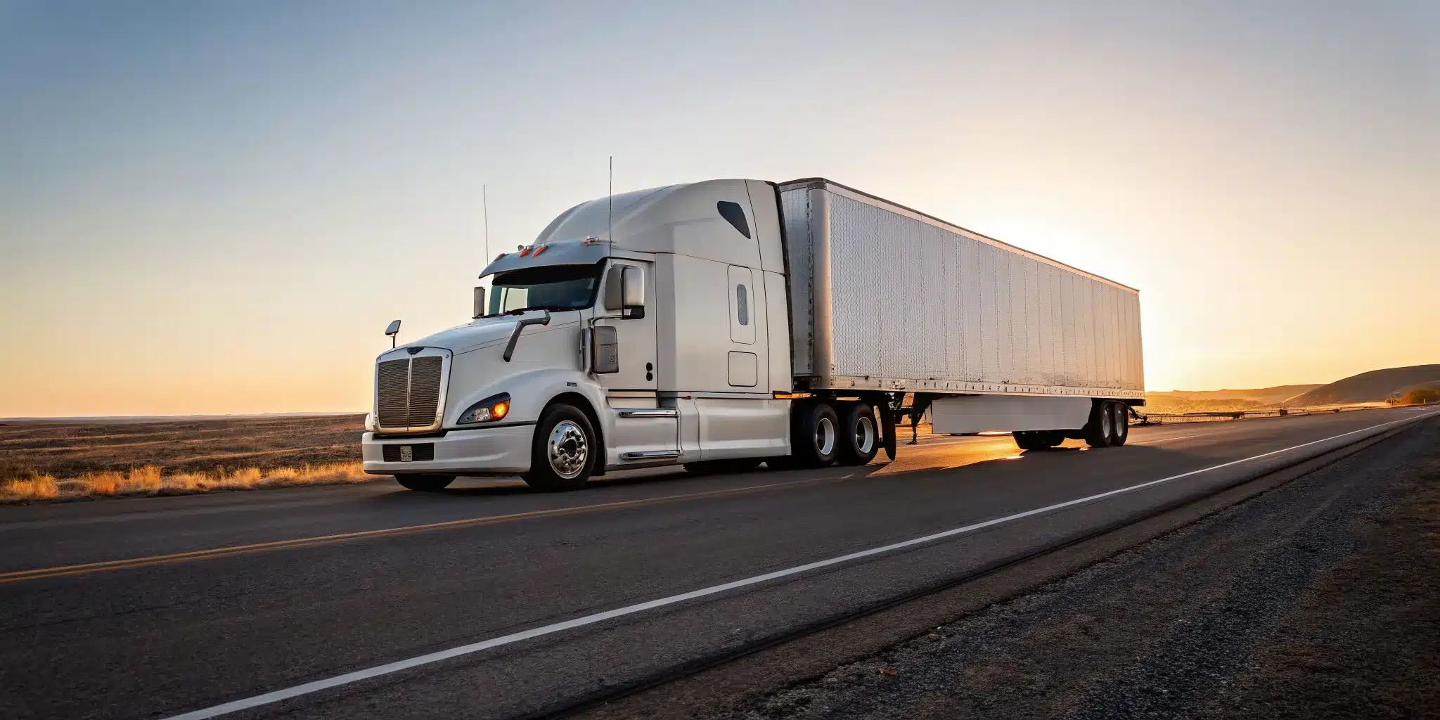the-real-otr-experience-a-guide-for-new-drivers-939838 A semi truck on an open highway at sunset, a snapshot of the OTR experience.