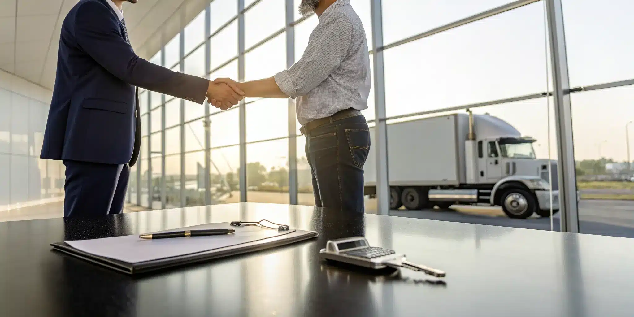 owner-operator-truck-financing-the-complete-process-170234 An owner operator secures truck financing with a handshake in front of a semi-truck.