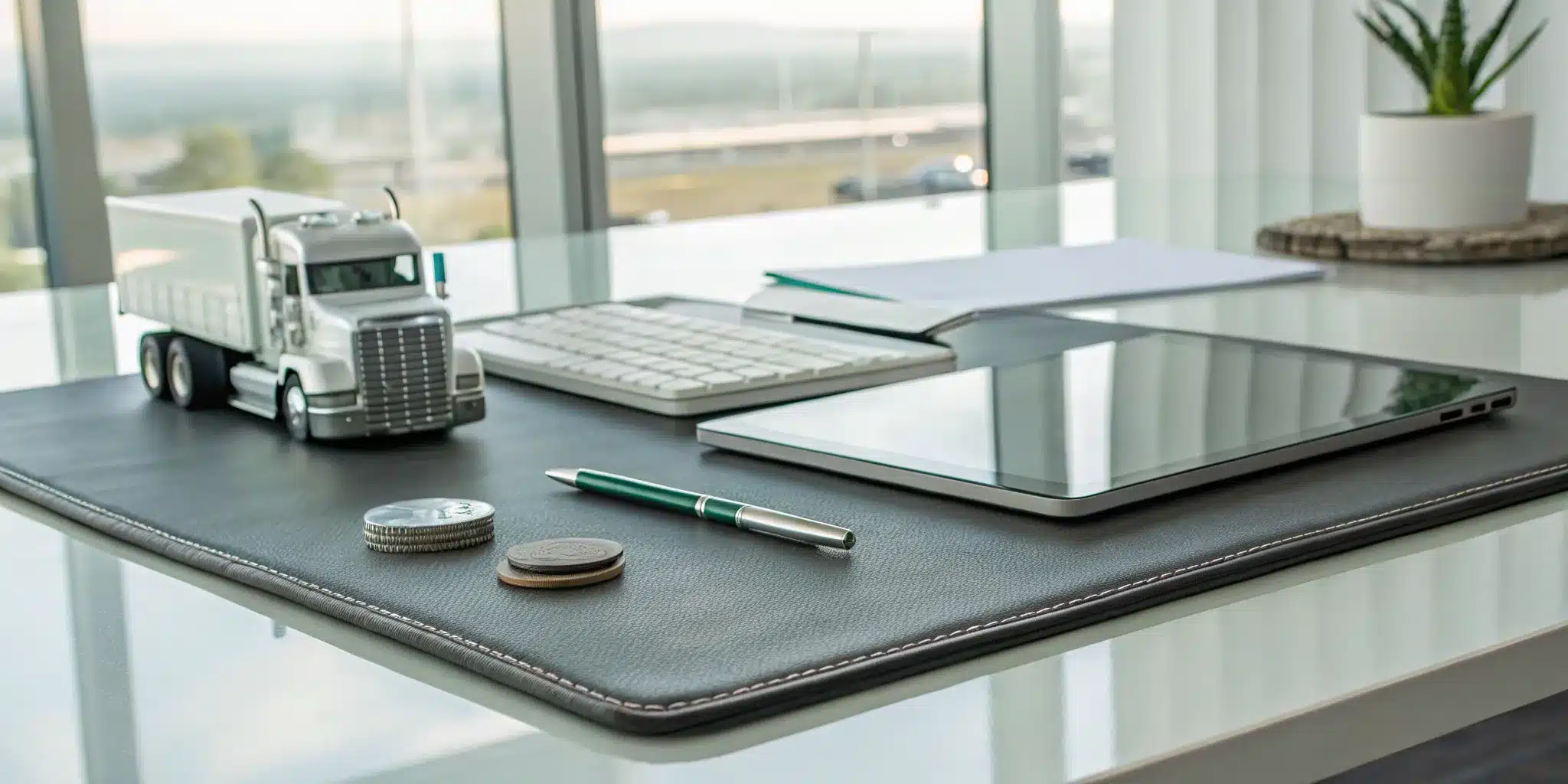 trucking-expenses-list-your-guide-to-tax-savings-672470 Toy truck on a desk next to a tablet and paperwork for a trucking expenses list.