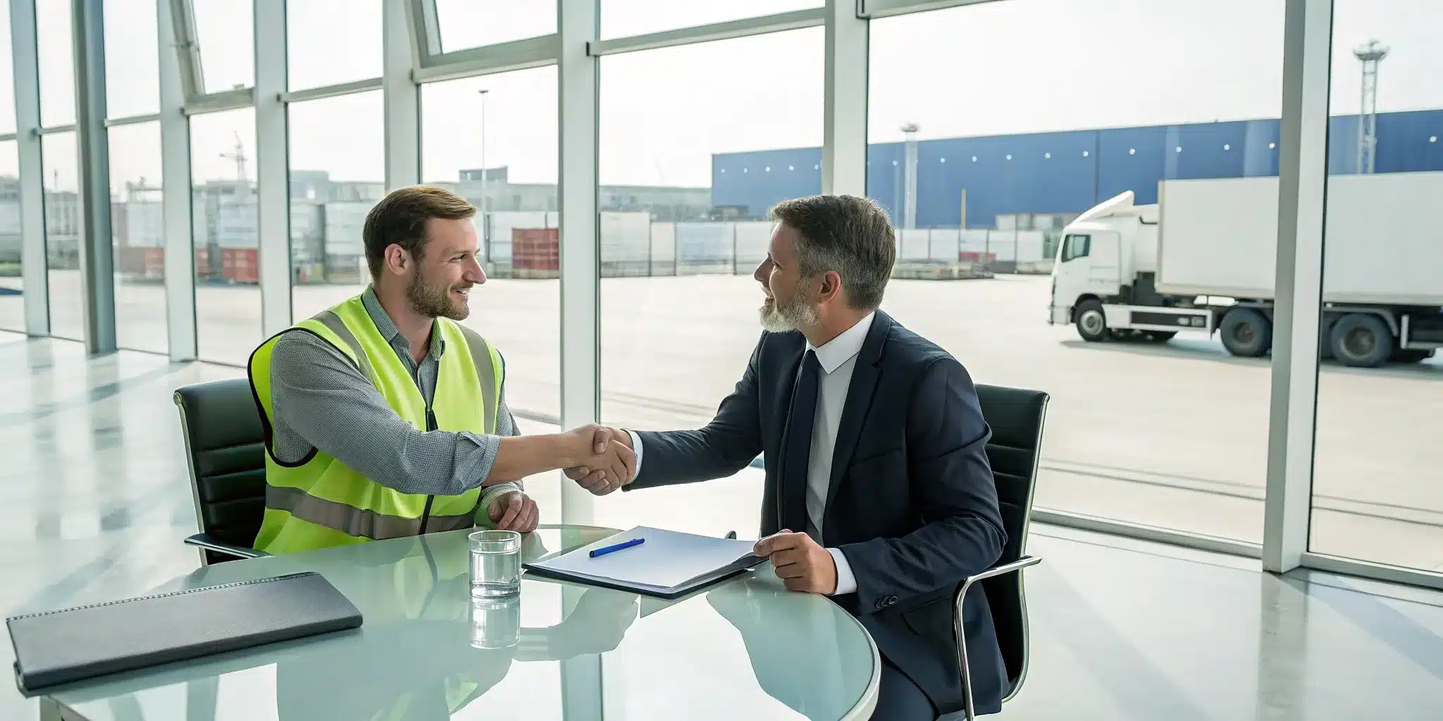 what-is-an-sba-504-loan-a-truckers-guide-837080 Two men shake hands in an office, finalizing an SBA 504 loan for a trucking business with trucks outside.