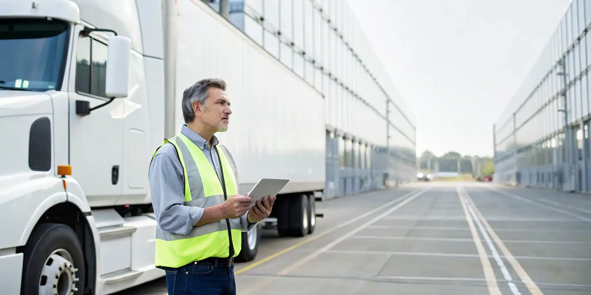 what-is-the-fmcsa-a-simple-guide-for-drivers-293756 Truck driver using a tablet to manage FMCSA compliance by his semi-truck.