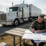 how-to-spot-the-worst-lease-purchase-trucking-companies-151203 Truck driver reviewing a lease purchase agreement beside a semi truck