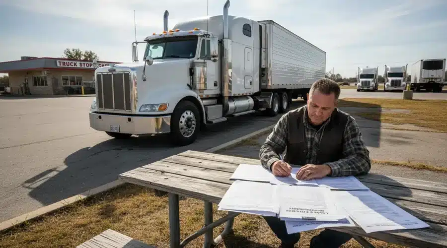 how-to-spot-the-worst-lease-purchase-trucking-companies-151203 Truck driver reviewing a lease purchase agreement beside a semi truck