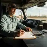 truck-lease-purchase-agreement-checklist-327866 Driver reviewing a truck lease purchase agreement checklist in a semi cab