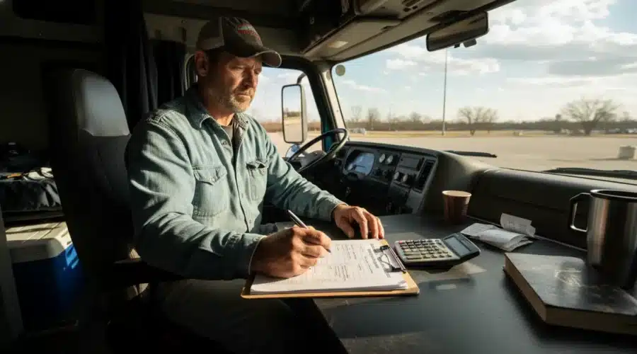 truck-lease-purchase-agreement-checklist-327866 Driver reviewing a truck lease purchase agreement checklist in a semi cab