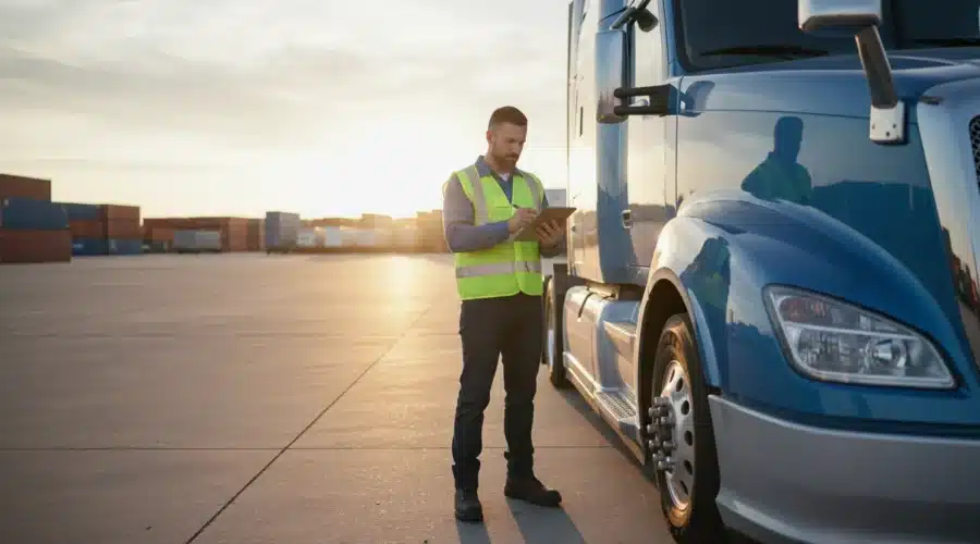 what-is-the-best-trucking-company-to-lease-purchase-from-571362 CDL driver comparing lease purchase terms beside a semi truck