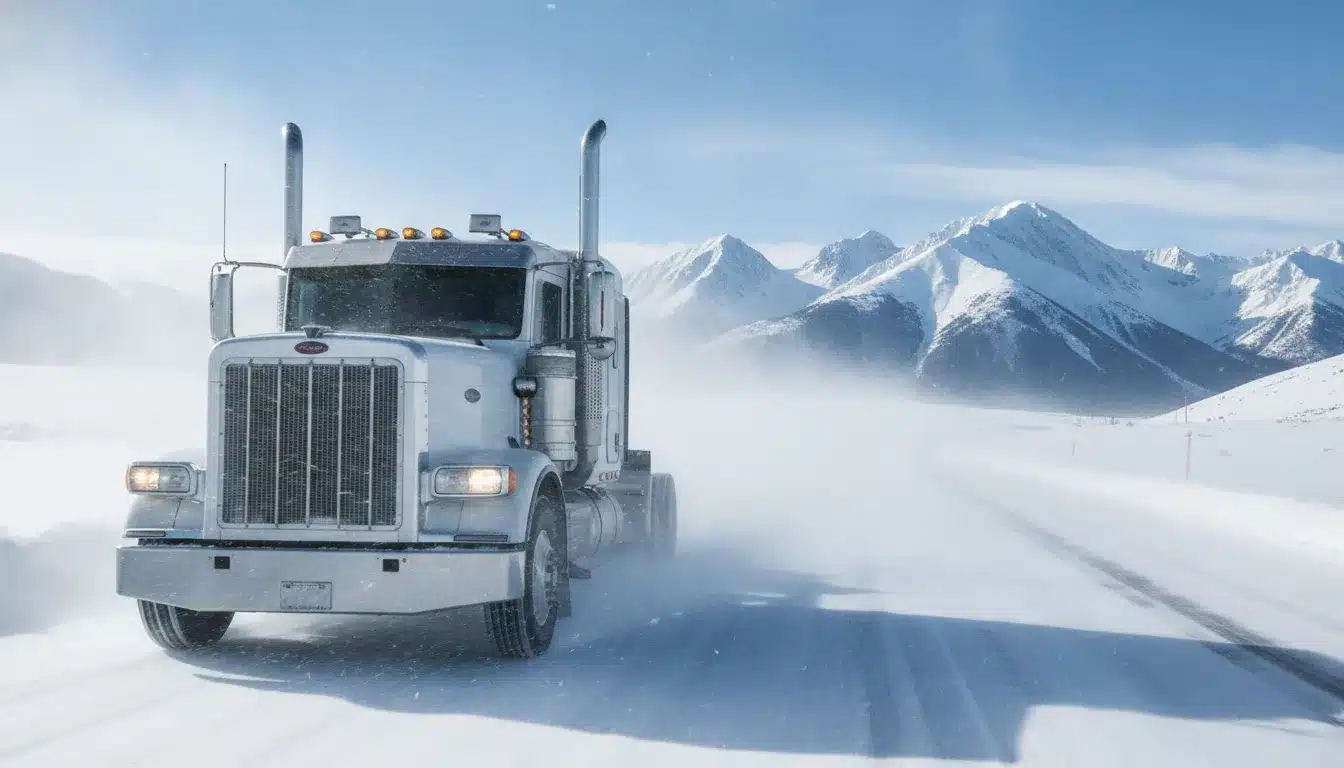 winter-driving-tips-for-owner-operators-on-icy-roads-323421 Semi truck driving on a snow-covered winter highway